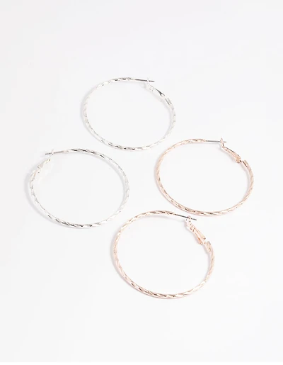 Mixed Metal Textured Hoop Earring Set