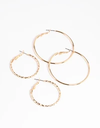Gold Textured Hoop Earring Set