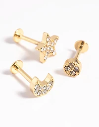 Gold Plated Surgical Steel Star & Moon Flat Back Pack