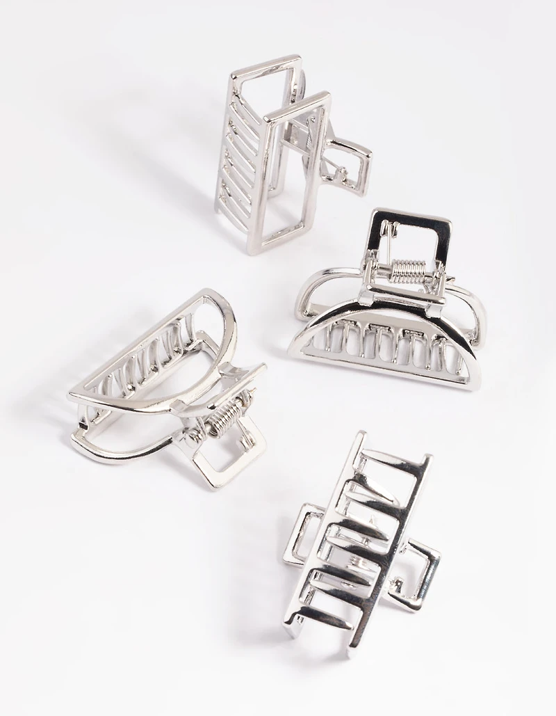 Silver Mixed Shape Small Hair Claw Clip 4-Pack