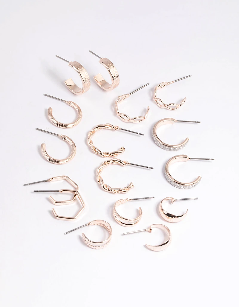 Rose Gold Textured Glitter Hoop Earring 8-Pack