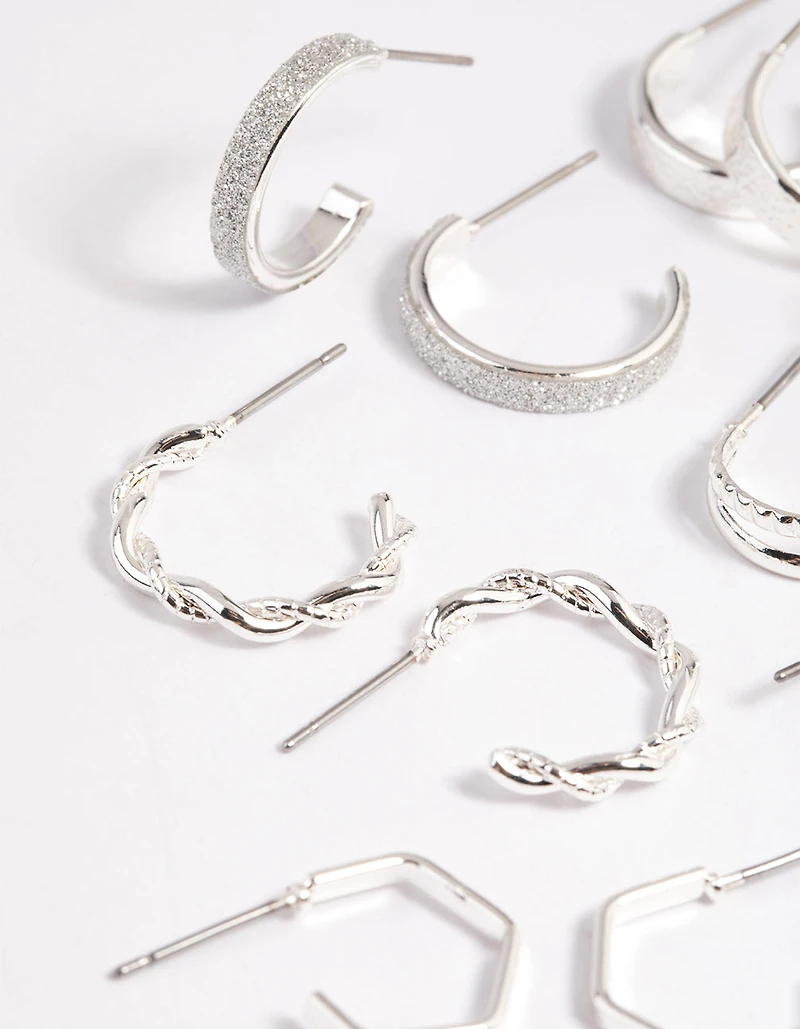 Silver Textured Glitter Hoop Earring 8-Pack