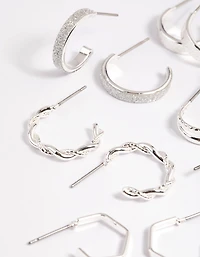 Silver Textured Glitter Hoop Earring 8-Pack