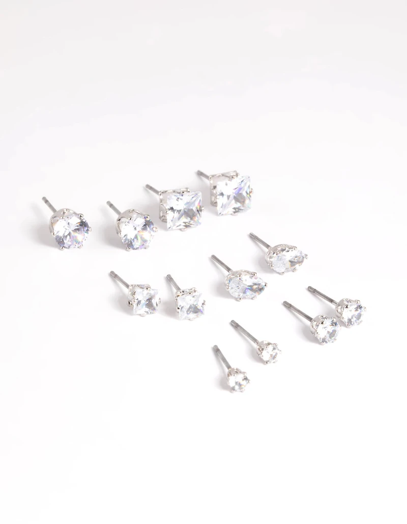 Silver Diamond Simulant Stud Earring 6-Pack