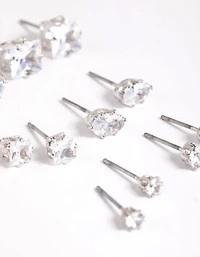 Silver Diamond Simulant Stud Earring 6-Pack