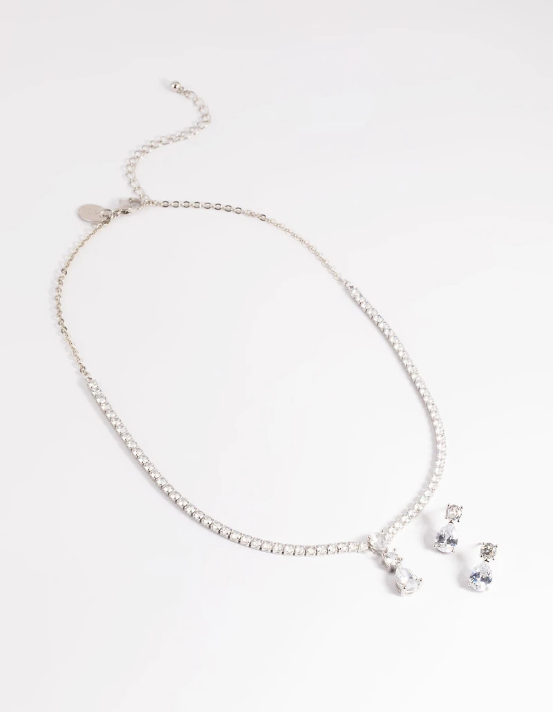Silver Diamond Simulant Necklace & Earrings Set