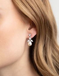 Silver Diamond Simulant Flower Pearl Necklace & Earrings Set