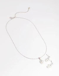 Silver Diamond Simulant Flower Pearl Necklace & Earrings Set