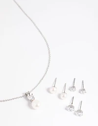 Silver Diamond Simulant Freshwater Pearl Necklace & Earrings Set