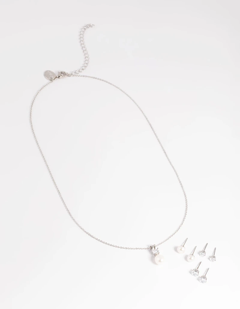 Silver Diamond Simulant Freshwater Pearl Necklace & Earrings Set