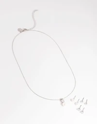 Silver Diamond Simulant Freshwater Pearl Necklace & Earrings Set