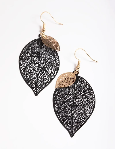 Black Double Leaf Drop Earrings