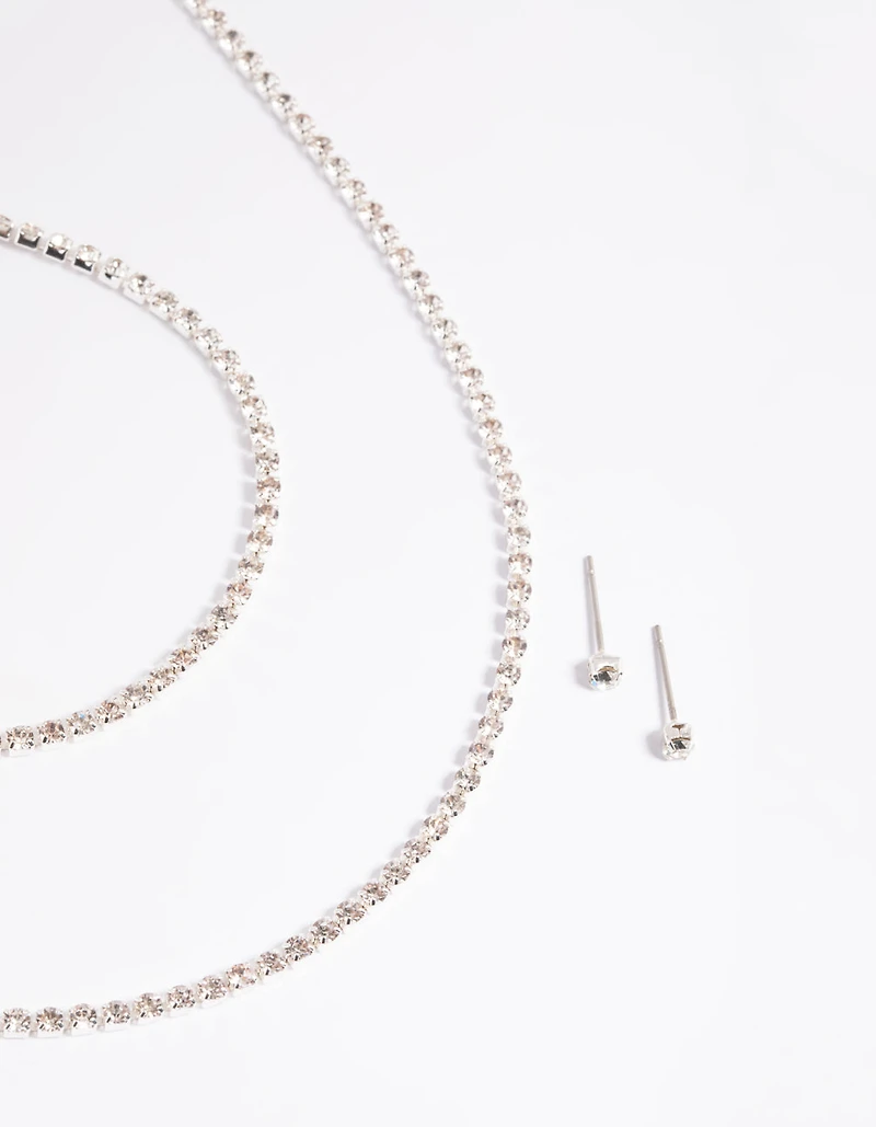 Silver Diamante Necklace Bracelet & Earrings Set