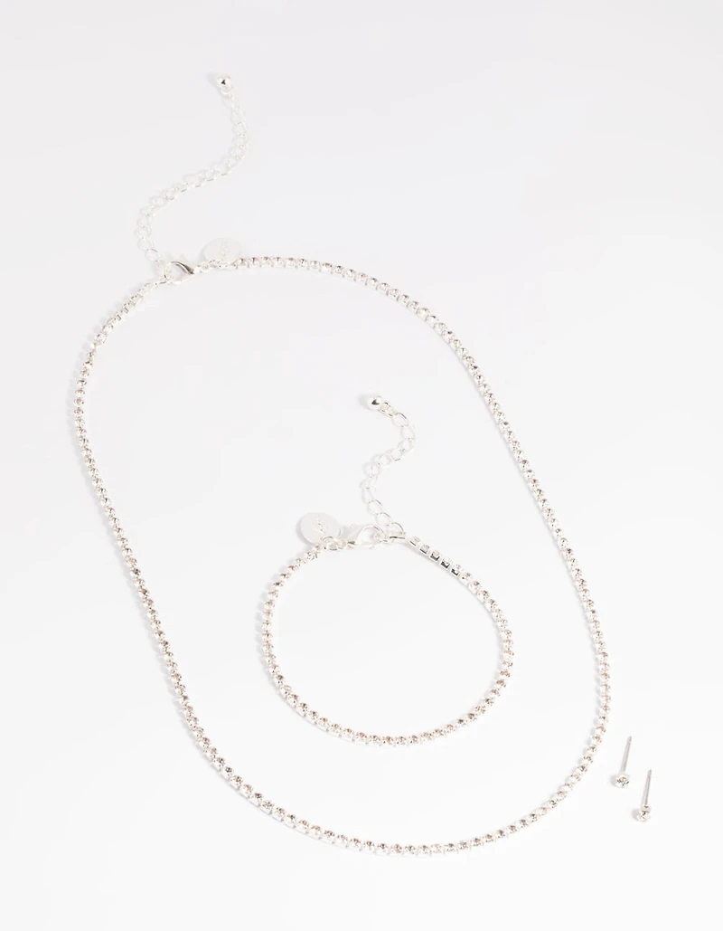 Silver Diamante Necklace Bracelet & Earrings Set