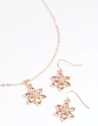 Pink Diamante Flower Necklace & Earrings Set