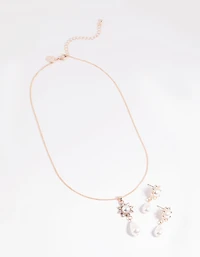 Rose Gold Pearl Flower Necklace & Earrings Set