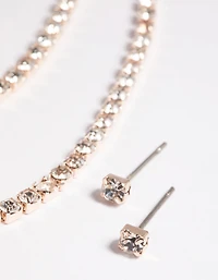 Rose Gold Diamante Layered Necklace & Earrings Set