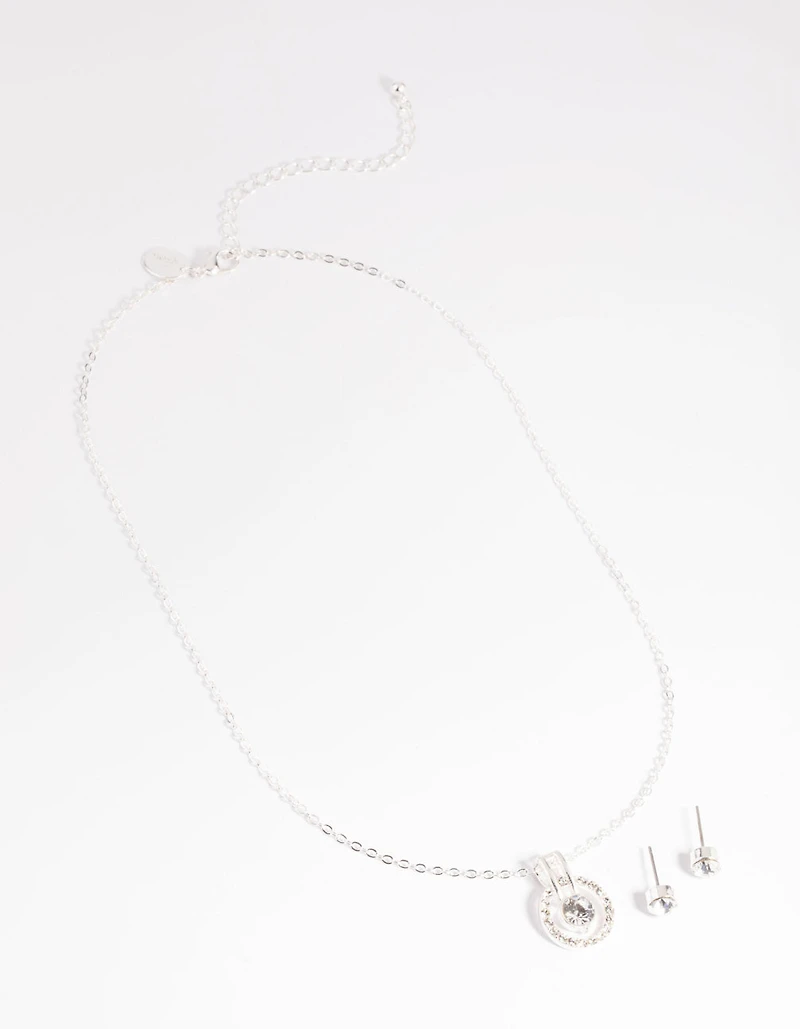Silver Diamante Round Necklace & Earrings Set