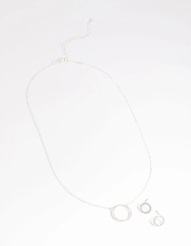 Silver Circle Diamante Necklace & Earrings Set