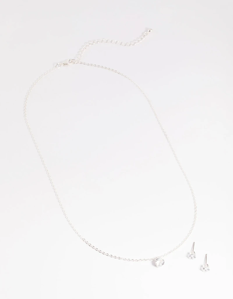 Silver Dainty Diamante Necklace & Earrings Set