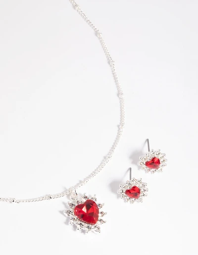 Red Heart Stone Necklace & Earrings Set