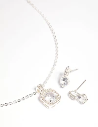 Silver Diamante Cushion Cut Necklace & Earrings Set