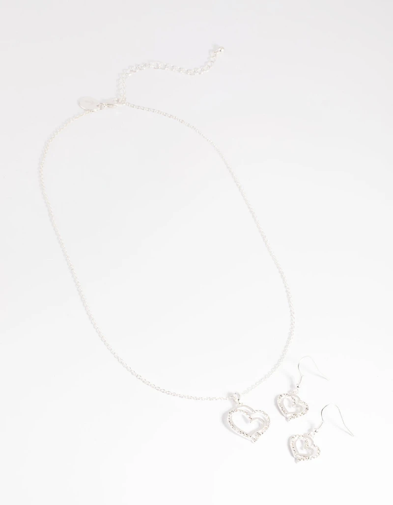 Silver Diamante Heart Necklace & Earrings Set