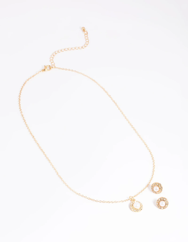 Gold Pearl Stone Necklace & Earrings Set