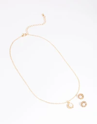 Gold Pearl Stone Necklace & Earrings Set