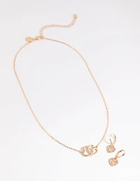 Gold Interlocked Heart Necklace & Earrings Set