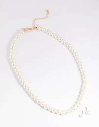 Gold Pearl Necklace & Earring Set