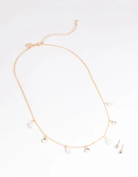 Gold Pearl Diamante Droplet Necklace & Earrings Set