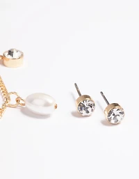 Gold Pearl Diamante Droplet Necklace & Earrings Set