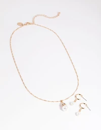 Gold Pearl Necklace & Huggie Earrings Set