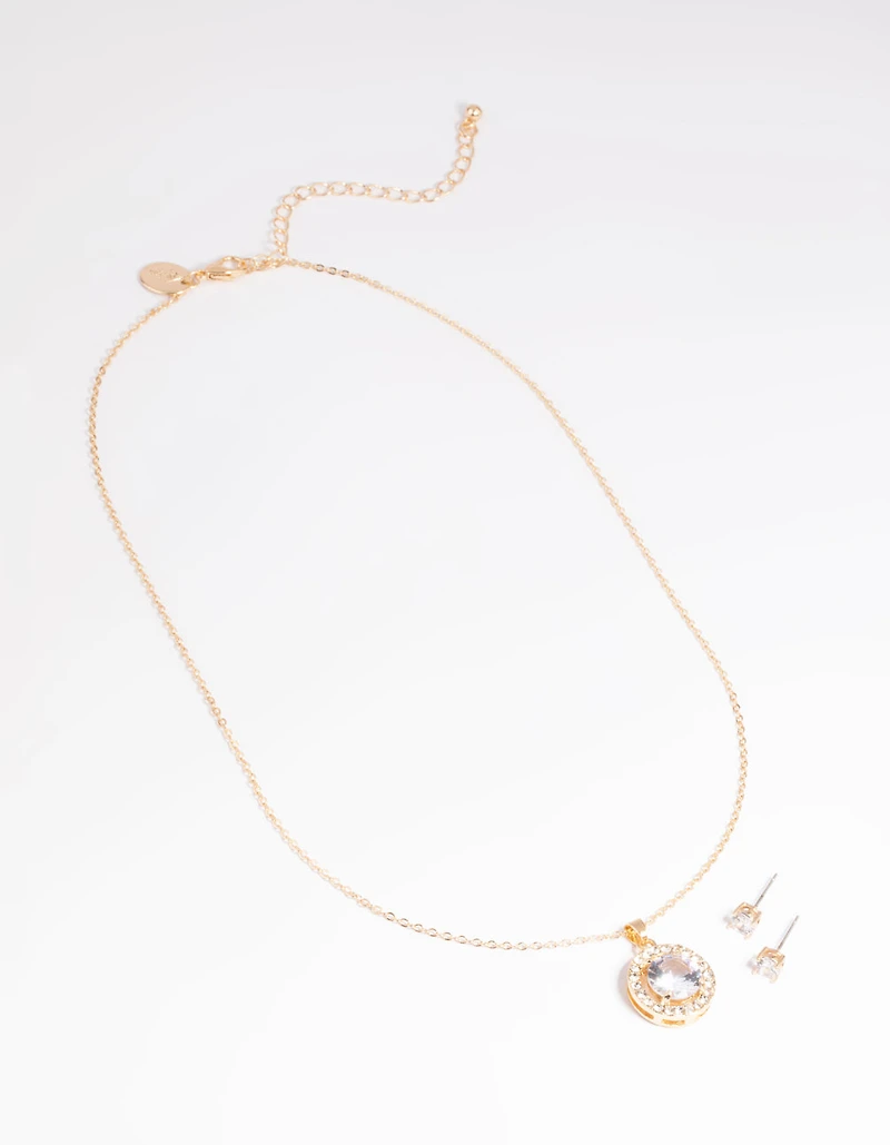 Gold Diamante Stone Necklace & Earrings Set
