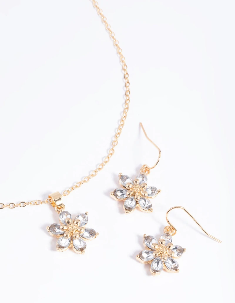 Gold Diamante Flower Necklace & Earrings Set