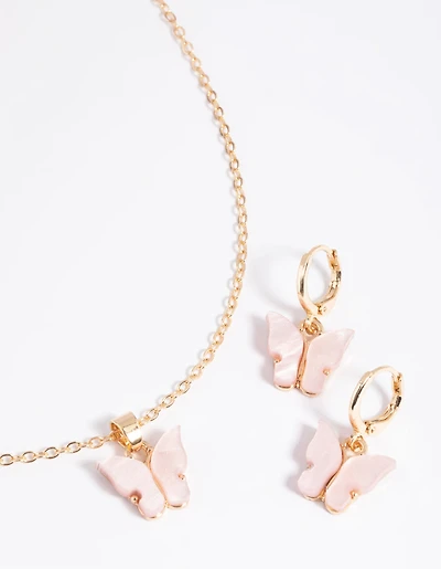 Pink Butterfly Necklace & Earrings Set