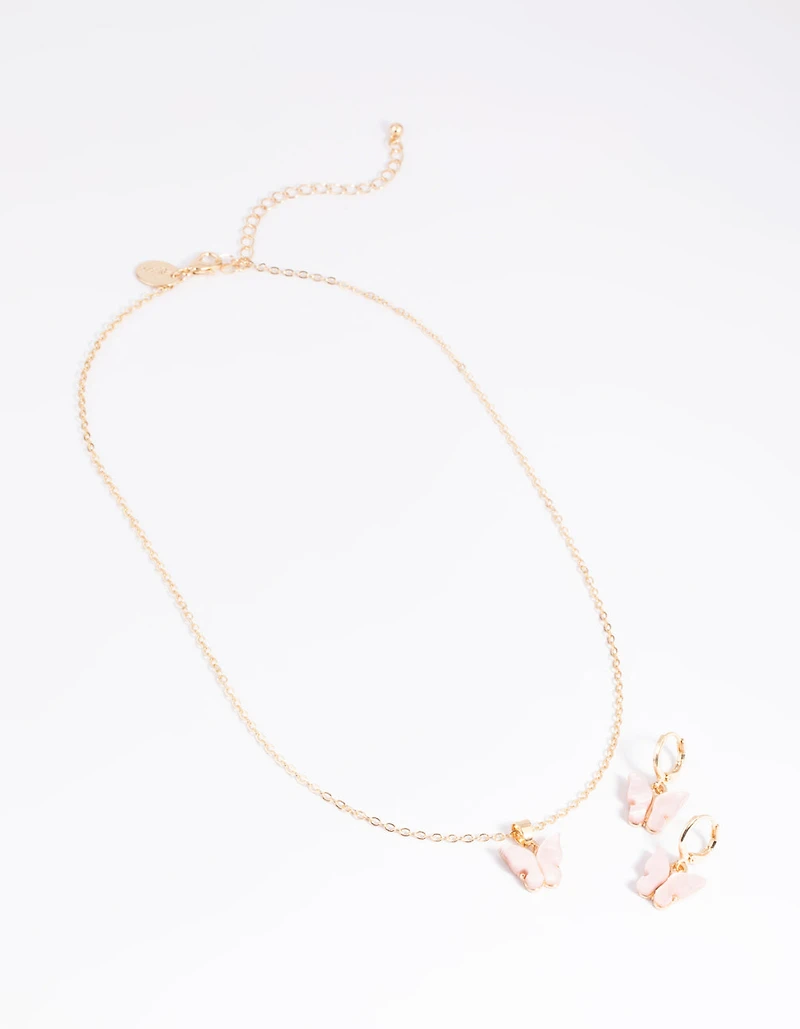 Pink Butterfly Necklace & Earrings Set