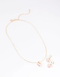 Pink Butterfly Necklace & Earrings Set