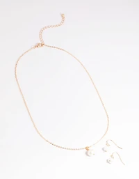 Gold Pearl Necklace & Earrings Set