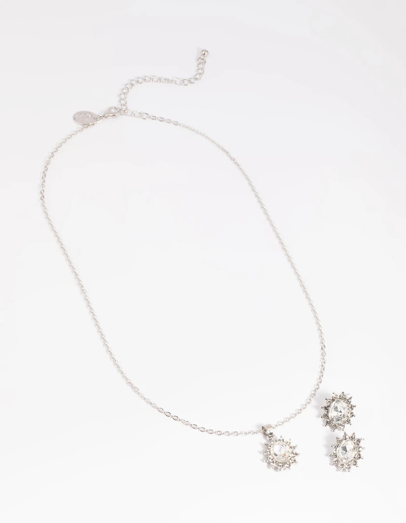 Rhodium Diamante Princess Stone Necklace & Earrings Set