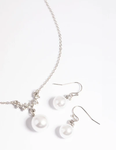 Silver Pearl Diamante Statement Necklace & Earrings Set