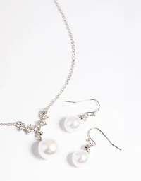 Silver Pearl Diamante Statement Necklace & Earrings Set