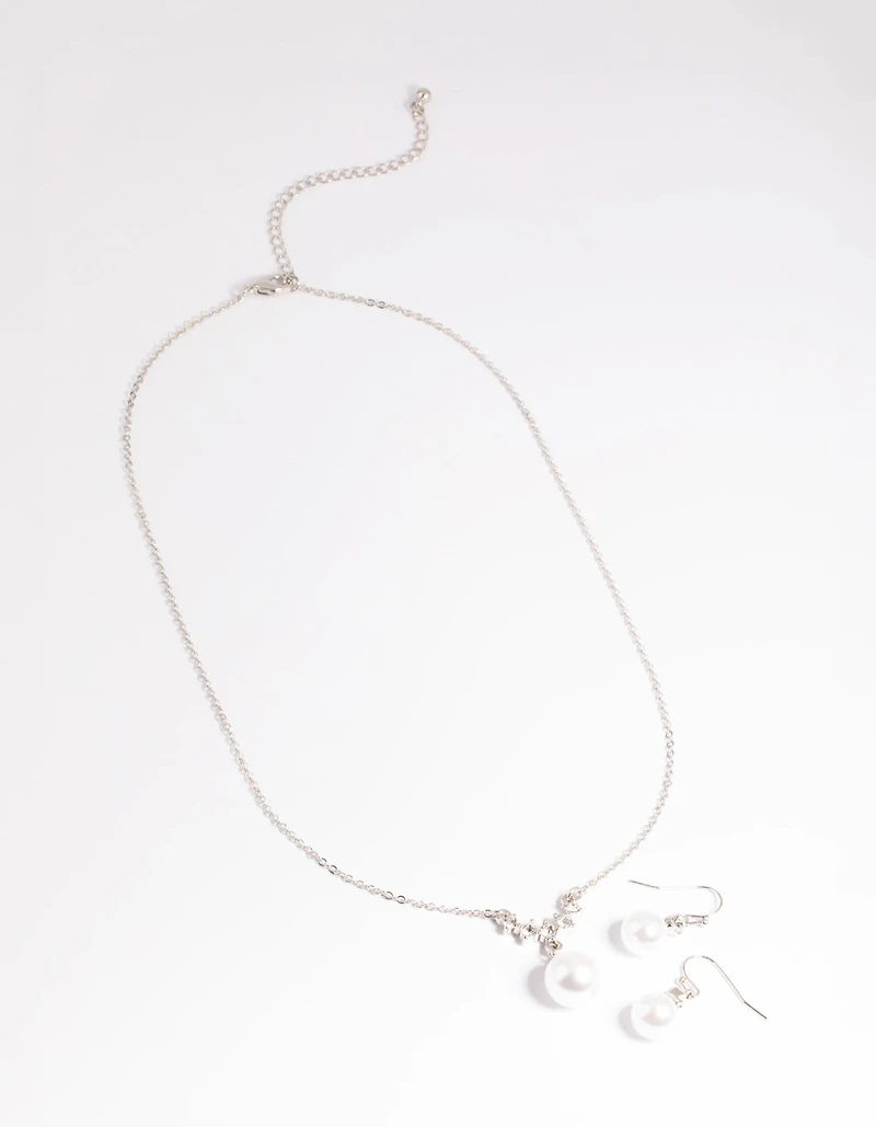 Silver Pearl Diamante Statement Necklace & Earrings Set