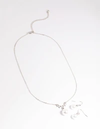 Silver Pearl Diamante Statement Necklace & Earrings Set