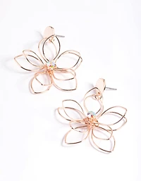 Rose Gold Pink Crystal Large Wire Flower Drop Earrings