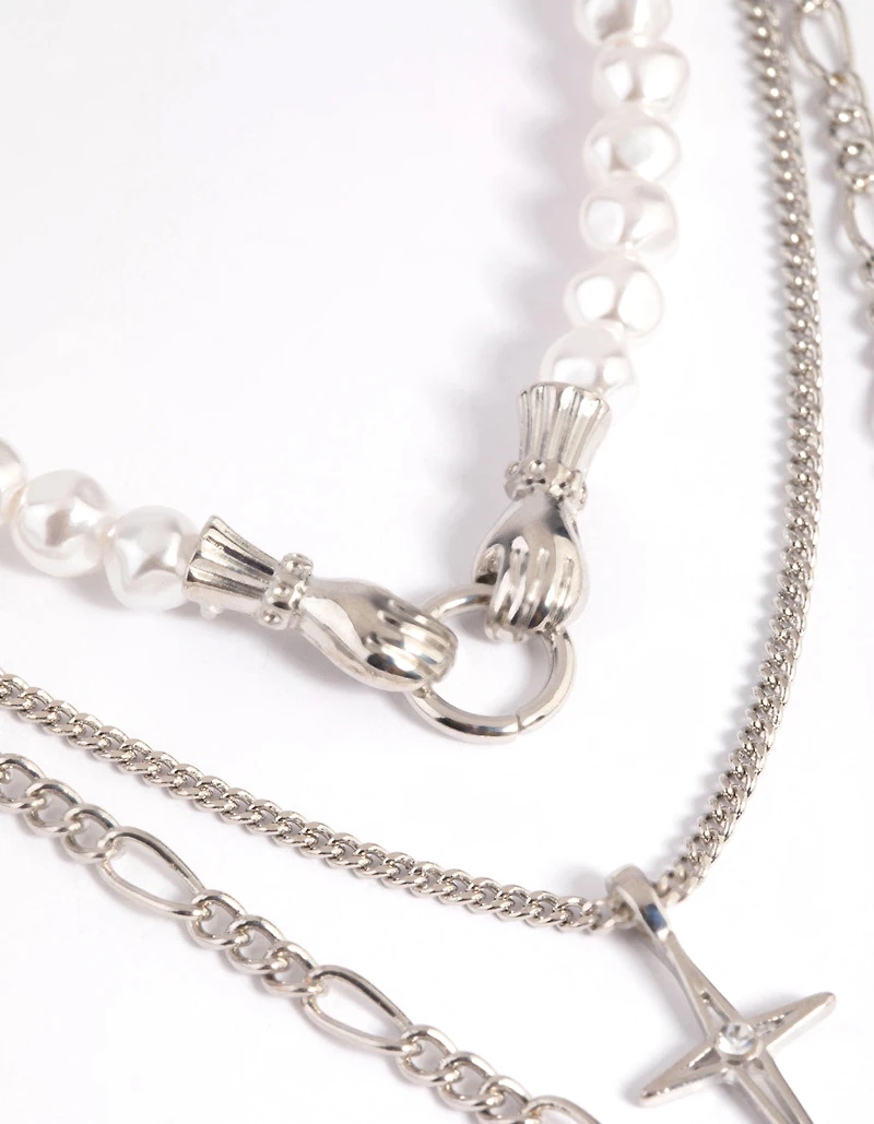 Silver Pearl Heart Star Layered Necklace
