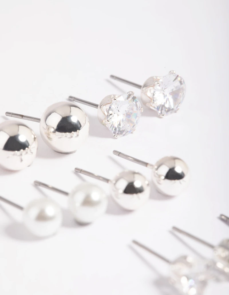 Silver Diamante Pearl Stud Earrings 6-Pack