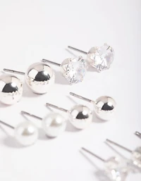 Silver Diamante Pearl Stud Earrings 6-Pack