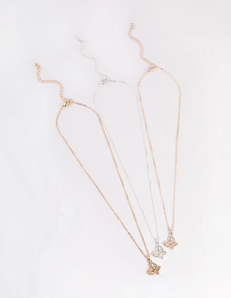 Mixed Metal Diamante Butterfly Necklace Pack
